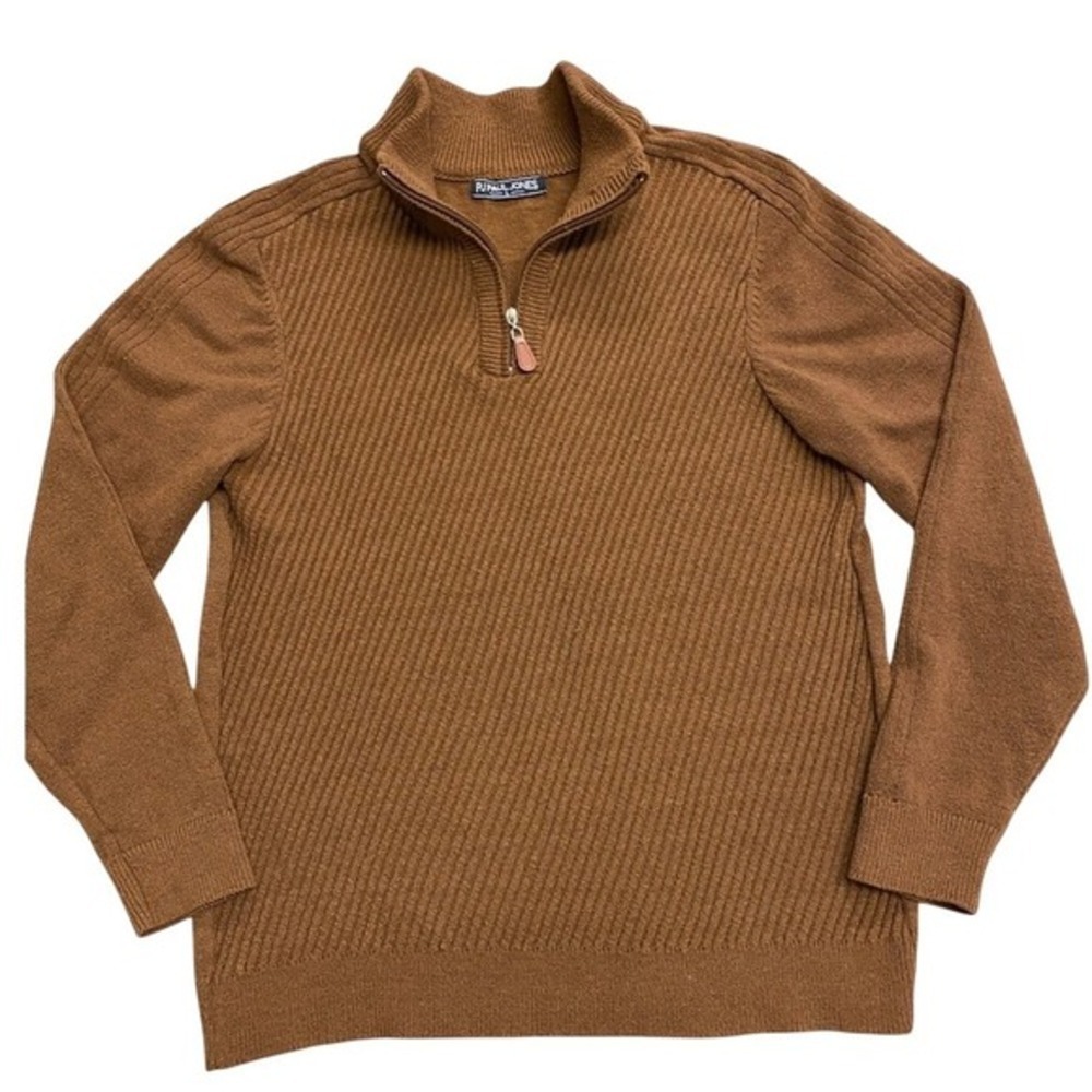 PJ Paul Jones Mens Large Brown Ribbed Quarter Zip Pullover Sweater Mock Neck